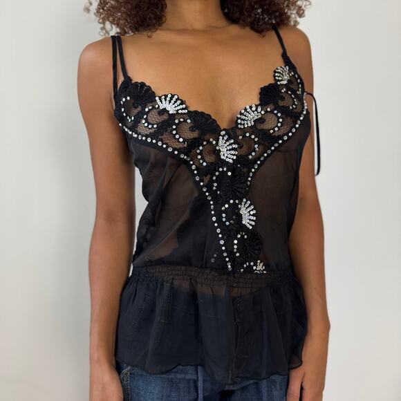 Vintage Italian Black Sheer Mesh Sequin Floral Beaded Cami Top (S/M) - Picture 7 of 12